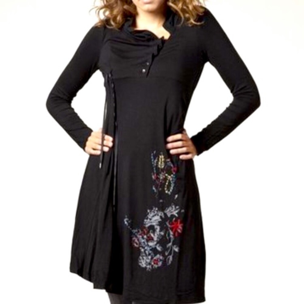Dzhavael Couture Black Asymmetrical Dress Floral Embroidered Size L